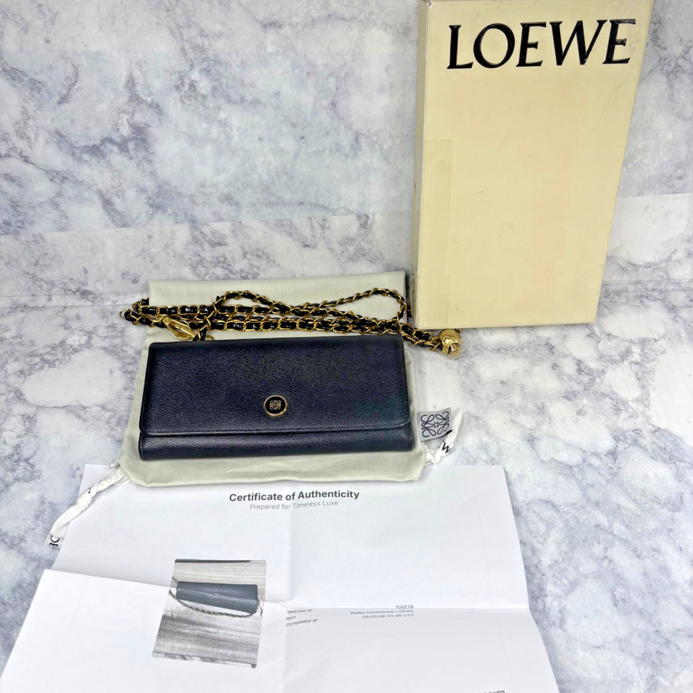 Classy Loewe Black Leather Flap Wallet on Chain w Zip Pocket Box Gold Snap COA